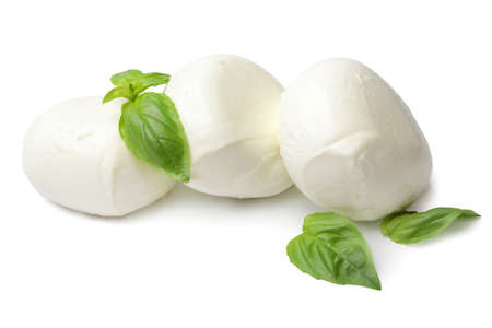 Mozzarella cheese with basil on white backgroundの写真素材