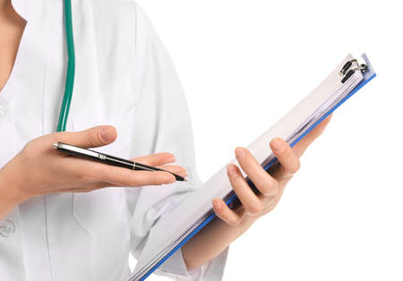 Female doctor with clipboard on white background, closeup