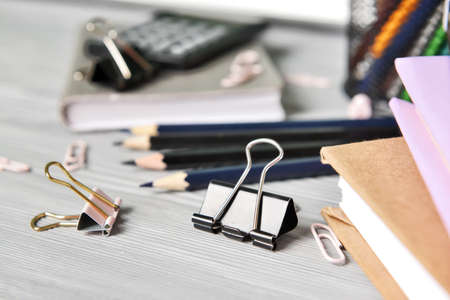 Set of school supplies on table, closeup