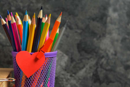 Set of school supplies on gray backgroundの写真素材