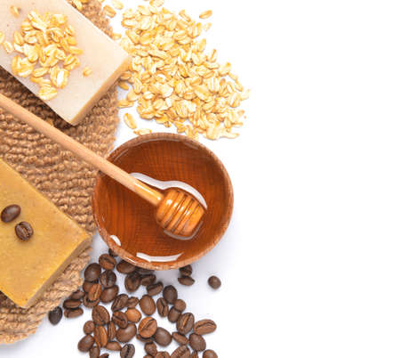 Soap and honey on white backgroundの写真素材