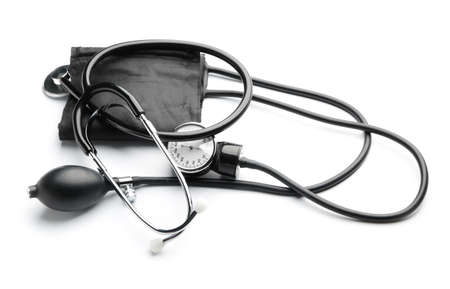 Sphygmomanometer and stethoscope on white backgroundの写真素材