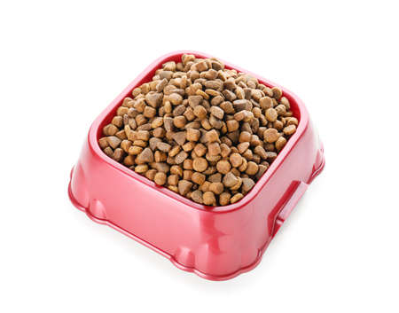 Bowl with dry pet food on white background
