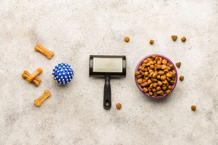 Bowl with dry pet food, toy and brush on gray background
