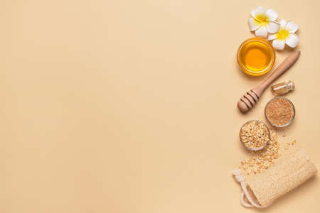 Composition with spa items and honey on color backgroundの写真素材