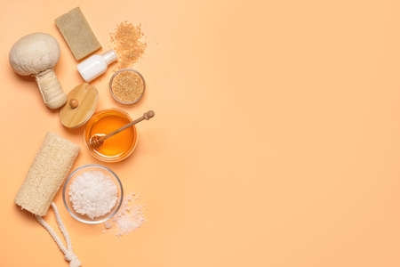 Composition with spa items and honey on color backgroundの写真素材