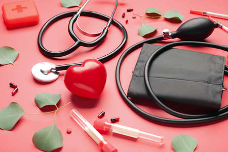 First aid kit on color backgroundの写真素材