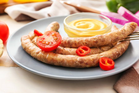 Plate with tasty grilled sausages and sauce on tableの写真素材