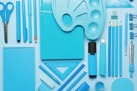 Set of school supplies on color backgroundの写真素材