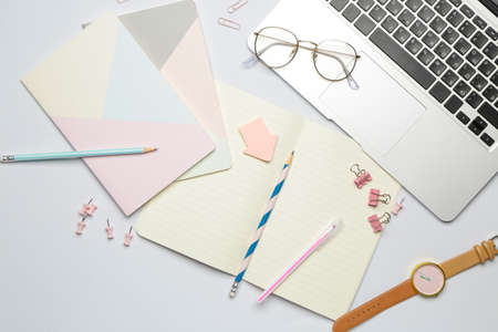 Set of school supplies with laptop on white backgroundの写真素材
