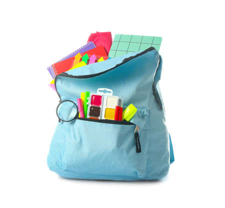 School backpack with stationery on white backgroundの写真素材