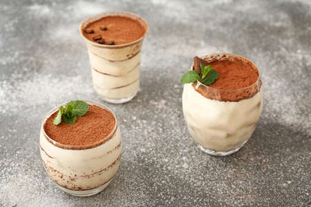Tasty tiramisu on gray backgroundの写真素材