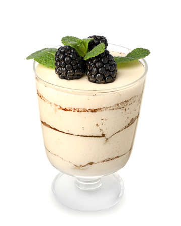 Tasty tiramisu with berries on white backgroundの写真素材