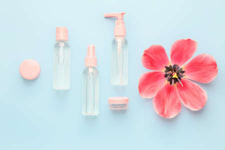 Different cosmetic products on color backgroundの写真素材