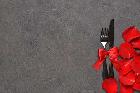 Beautiful table setting for Valentine's Day on dark backgroundの写真素材