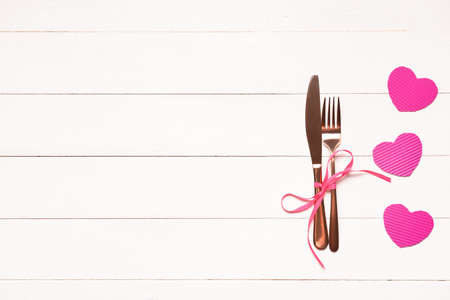 Beautiful table setting for Valentine's Day on white wooden backgroundの写真素材