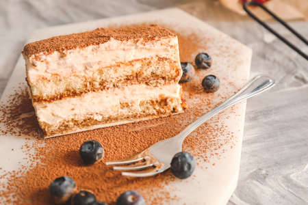 Tasty tiramisu on board closeupの写真素材