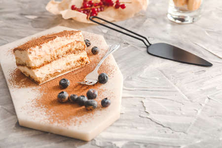 Tasty tiramisu on gray backgroundの写真素材