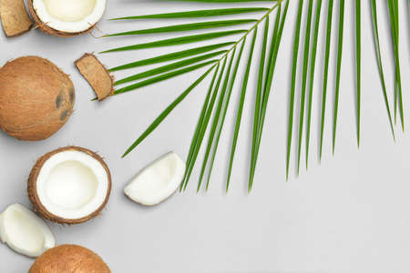 Ripe coconuts and palm leaf on light background