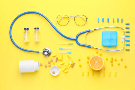 Set of medical supplies on color backgroundの写真素材
