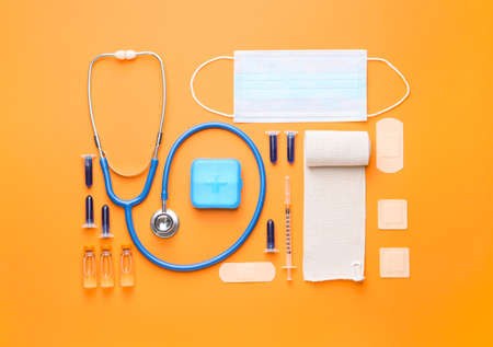 Set of medical supplies on color backgroundの写真素材