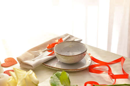 Beautiful table setting for Valentine's Day celebrationの写真素材