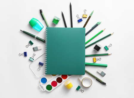 Set of school supplies on white backgroundの写真素材