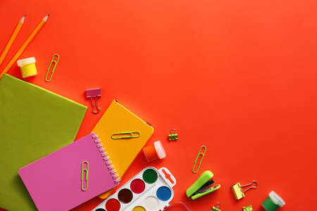 Set of school supplies on color backgroundの写真素材