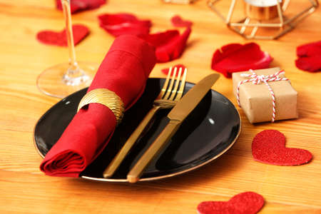Beautiful table setting for Valentine's Day celebrationの写真素材
