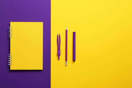 Set of school supplies on color backgroundの写真素材
