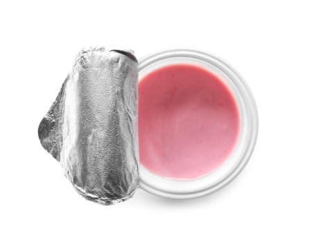 Plastic cup with tasty yogurt on white backgroundの写真素材
