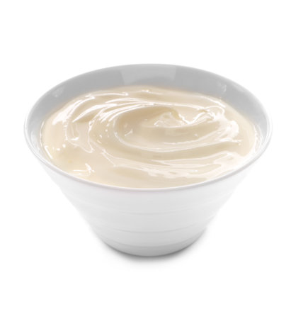 Bowl with tasty yogurt on white backgroundの写真素材