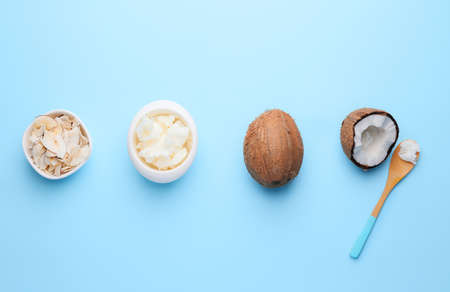 Composition with different coconut products on color backgroundの写真素材