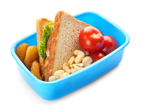 School lunch box with tasty food on white backgroundの写真素材
