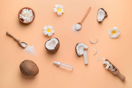 Composition with different coconut products on color backgroundの写真素材