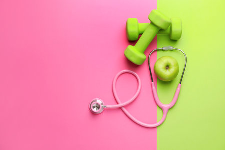 Stethoscope, apple and dumbbells on color backgroundの写真素材