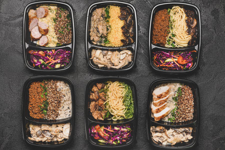 Containers with healthy food on dark backgroundの写真素材