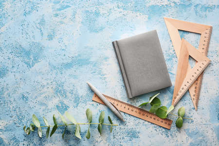 Stylish stationery on color backgroundの写真素材