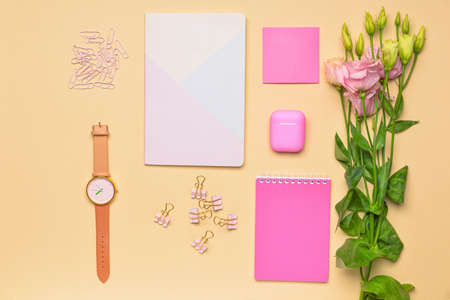 Set of school supplies with clock on color backgroundの写真素材