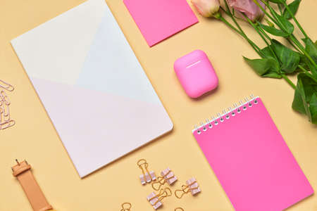 Set of school supplies on color backgroundの写真素材