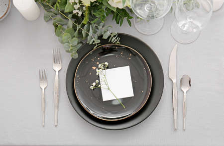 Beautiful table setting for wedding celebration in restaurant