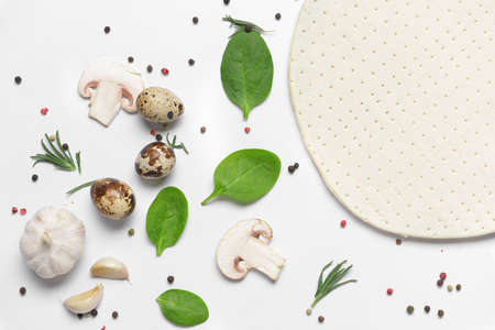 Ingredients for tasty pizza on white backgroundの写真素材