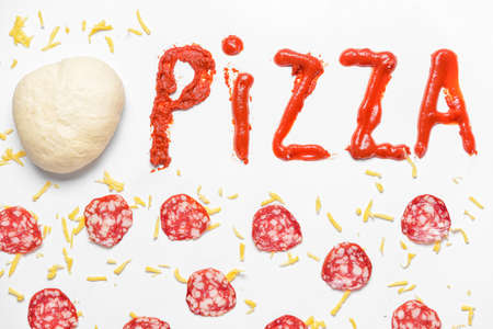 Ingredients for tasty pizza on white backgroundの写真素材