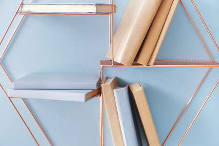 Shelf with books on light wallの写真素材