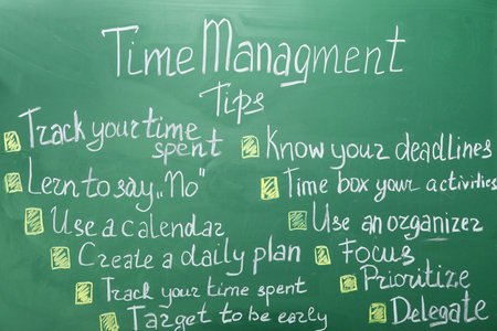 Time management tips written on chalkboard