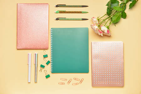 Set of school supplies on color backgroundの写真素材
