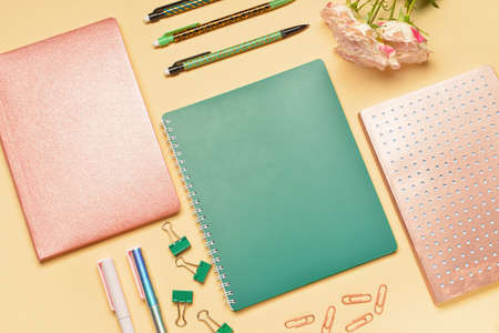 Set of school supplies on color backgroundの写真素材