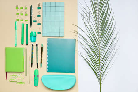 Set of school supplies on color backgroundの写真素材