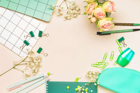 Frame made of school supplies on light backgroundの写真素材