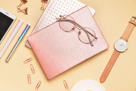 Set of school supplies on color backgroundの写真素材